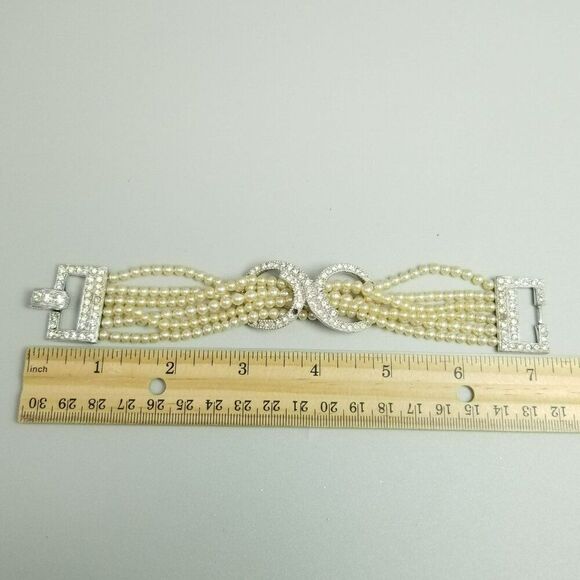 Vintage Six Strand Faux Pearl and Rhinestone Clasp Bracelet, Retro Fancy Formal - Picture 6 of 10